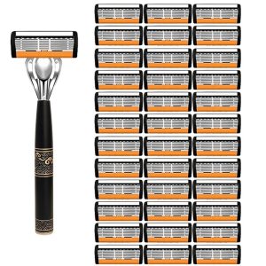 Men's stainless steel handle safety shaver 1 handle 18/36 replacement blade safety shaver set, with anti slip metal handle, manual facial and body hair removal set, washable - comprehensive shaving tool set for Halloween and Christmas gifts