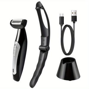 Men's Back Grooming Shaver, Rechargeable Lithium-Polymer Battery, 500mAh, 36V, 46-60min Runtime, Adjustable 360?? Angle, Removable Handle, Steel Blade, USB & Battery Powered, Water Washable