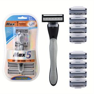 Men's Safety Razor Set, Refillable Razors for Men, 5-Layer Blades Razor with Non Slip Handle, Portable Replacement Blades Manual Shaver, Smooth, Long-Lasting and Comfortable Shave, 1 Handle and 8 Cartridges, 9 Piece Shaving Kit