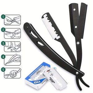 5 PCS Professional Beard Shaping Tool Set, Beard Template Shaper, Straight Edge Razor, 10 Count of Double Edge Blades, barber Pencil and Stainless Steel Scissors