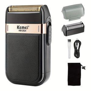 Kemei KM-2024 Men's Electric Razor USB Rechargeable Dual Blade Reciprocating Shaver, Precision Beard Trimmer with Washable Body, Stainless Steel Foils, 600mAh Lithium Battery - 30-45 Min Runtime - Cordless Grooming Tool