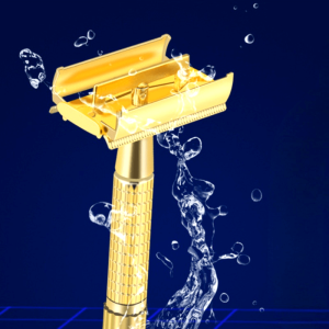 Golden-Tone Luxury Double-Edged Safety Razor, Swivel Head, Beard and Mustache Grooming, with Protective Travel Case