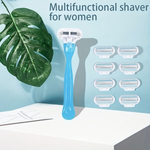 Women's Manual Razor, 3 Layers Of Stainless Steel Blade For Cleaner Shaving, 8 Blades +1 Comfortable Handle