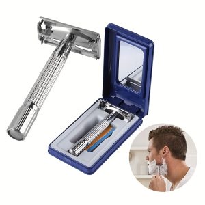 Classic Stainless Steel Double-Edge Safety Razor with Blade and Brush - Perfect for Beard & Mustache Grooming, Fragrance-Free