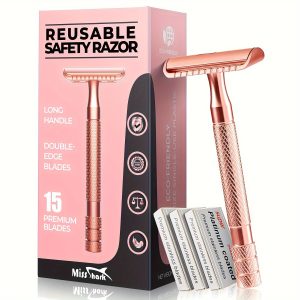 Safety Razor For Women Men With 15 Stainless Steel Double Edge Blades, Long Handle Men's Single Blade Razors For Shaving, Imported Upgraded Blades Reduce Razor Burns, Rose Golden