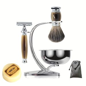 Straight Knife Shaving kit for men, wet shaving brush and bowl set, Deluxe Father's Day gift set includes shaving brush, soap, stainless steel bowl, shaving rack, double edge safety razor with 10 blades